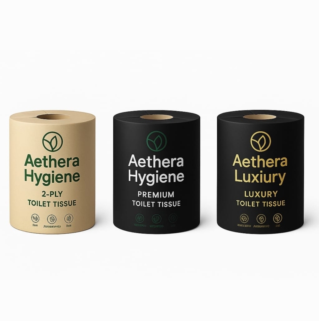 Three rolls of Aethera branded luxury toilet paper in beige and black packaging.