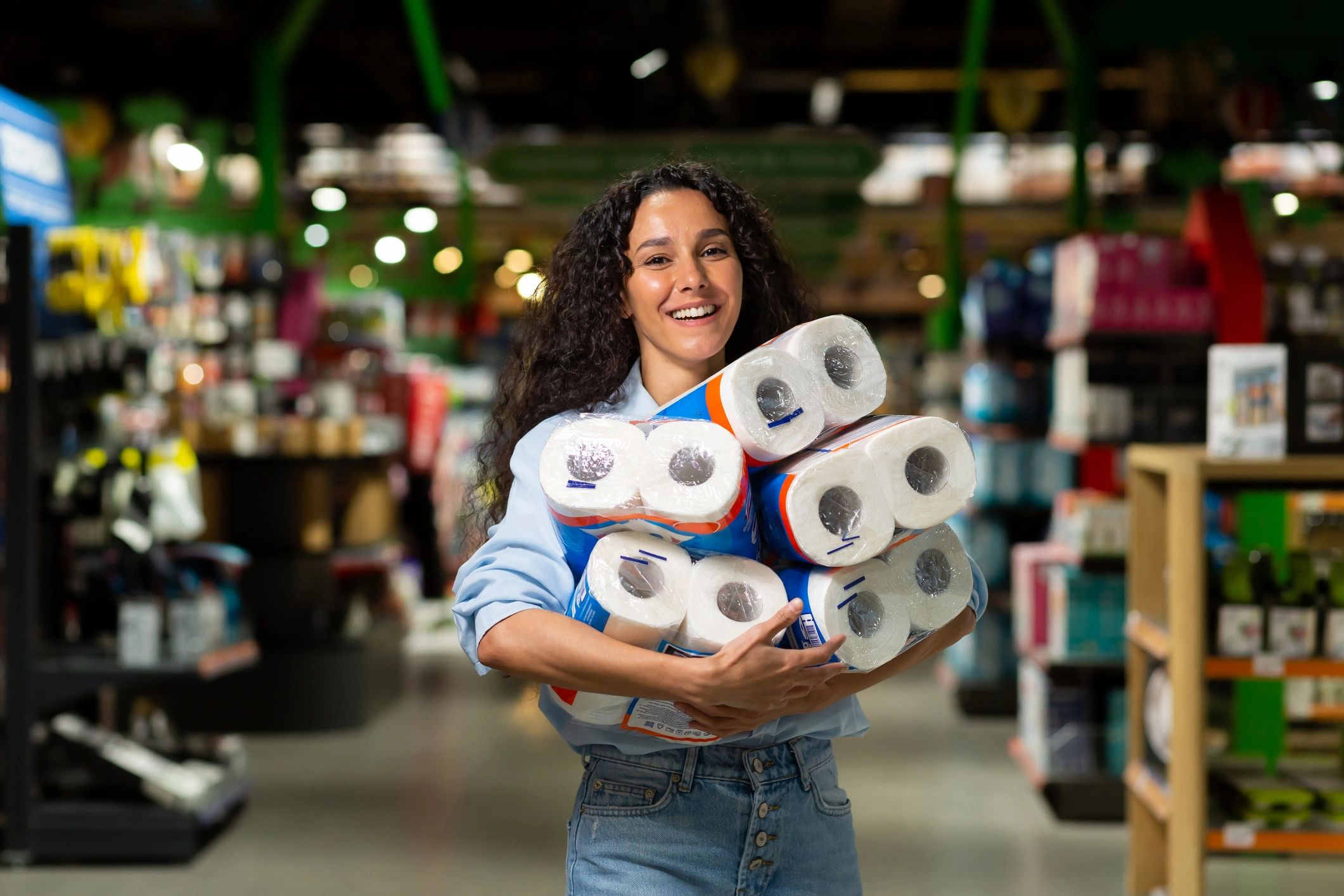 A smiling woman holding multiple packs of toilet paper in a store.