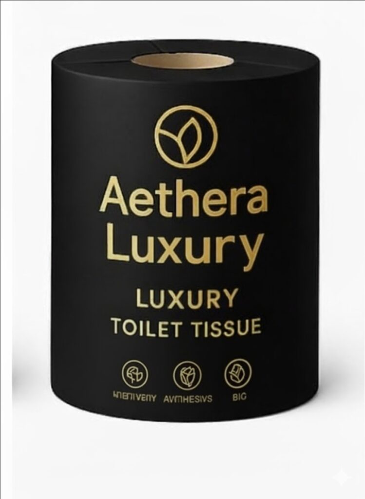 A roll of Aethera Luxury black toilet tissue with gold text.