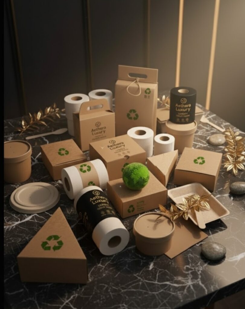Eco-friendly packaging and products arranged on a table.