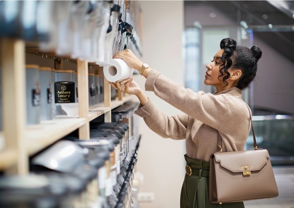 A woman shopping for paint rollers in a store aisle.