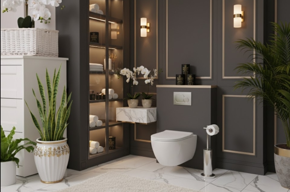 Modern bathroom with floating toilet and elegant shelving.