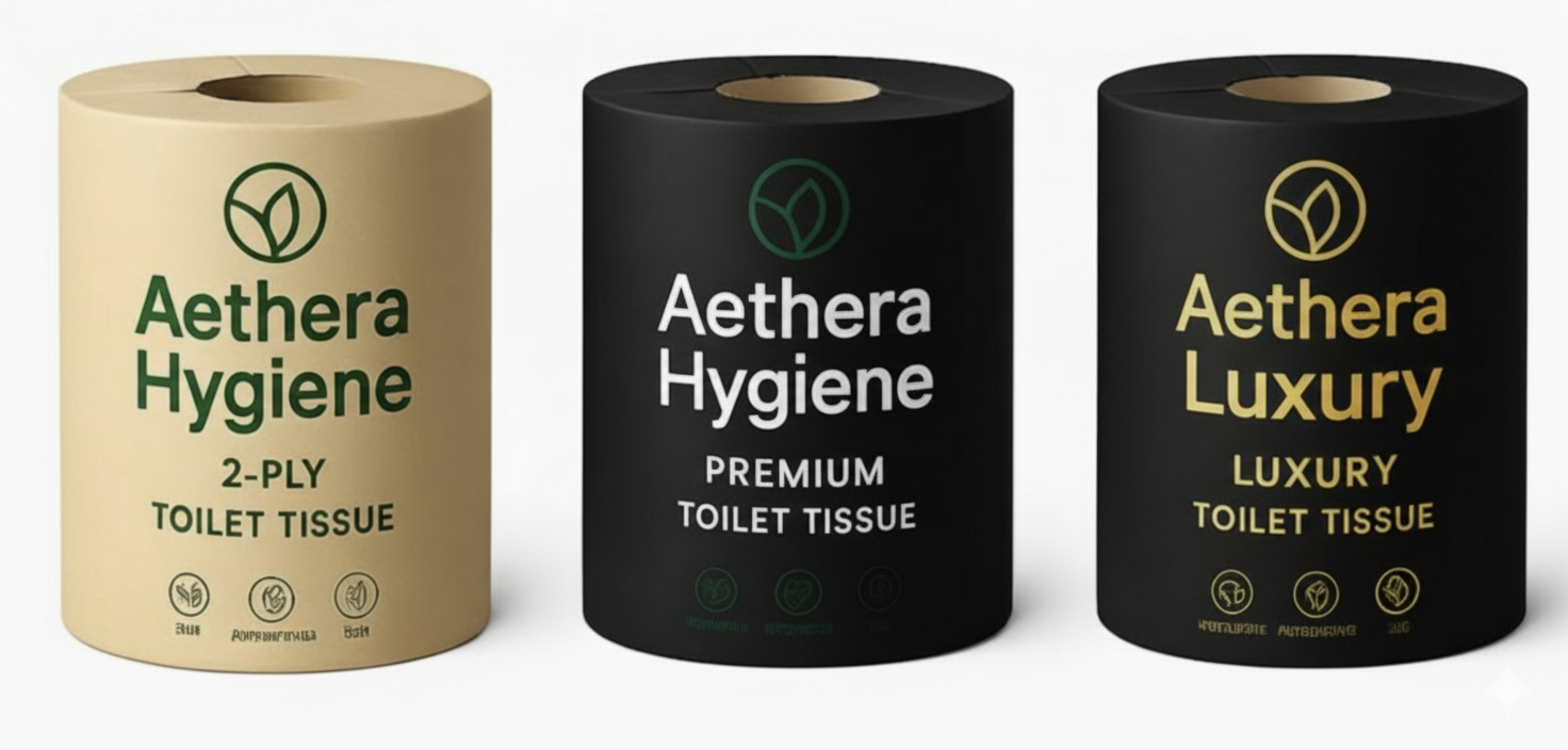 Three rolls of premium toilet tissue in different colors.