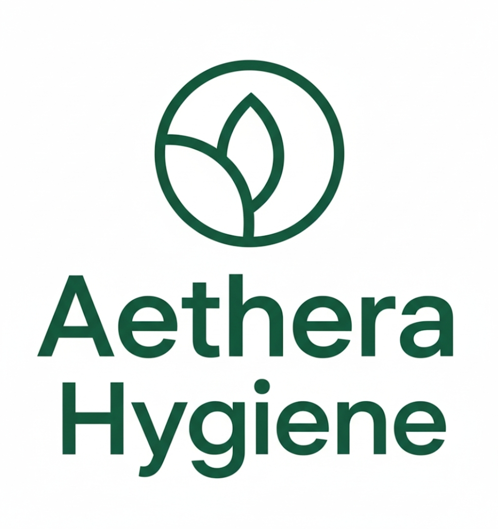 Aetherea Hygiene logo with green leaf design.