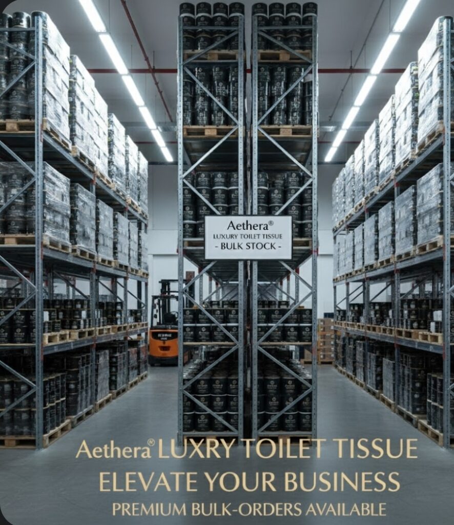 Warehouse aisles filled with stacked boxes and a forklift in action.