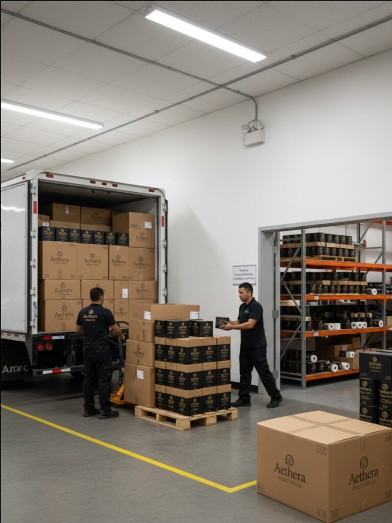 Workers loading boxes onto a truck in a warehouse.