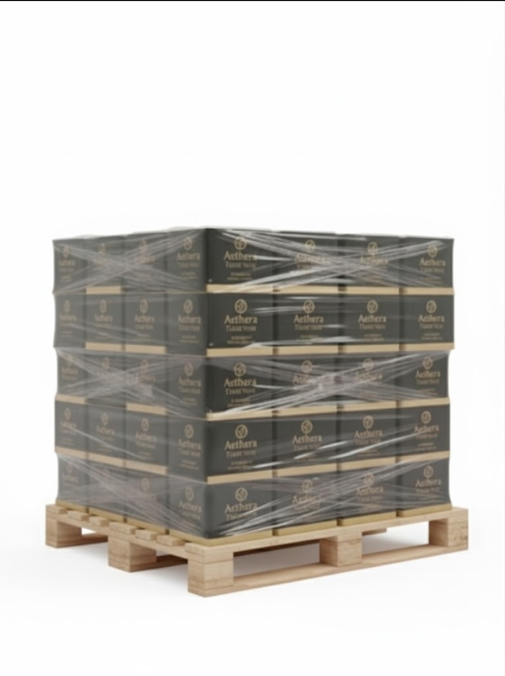 Stacked boxes wrapped in plastic on a wooden pallet.