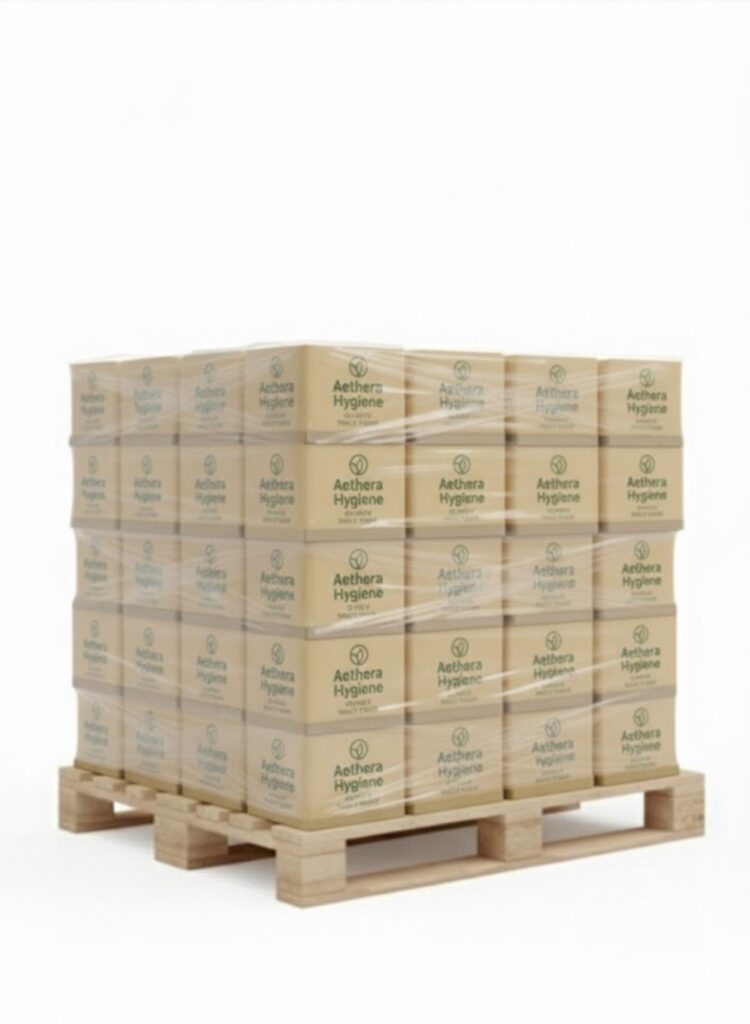 Stacked wooden boxes on a pallet, wrapped in plastic.