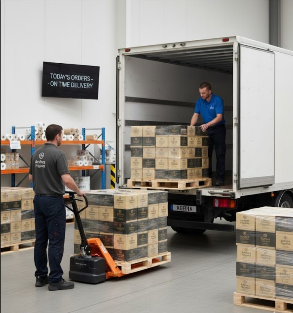 Workers unloading boxes from a truck into a warehouse.