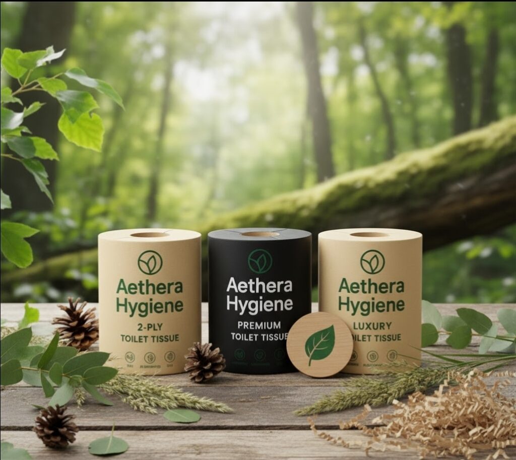 Three eco-friendly skincare products displayed on moss in a forest.