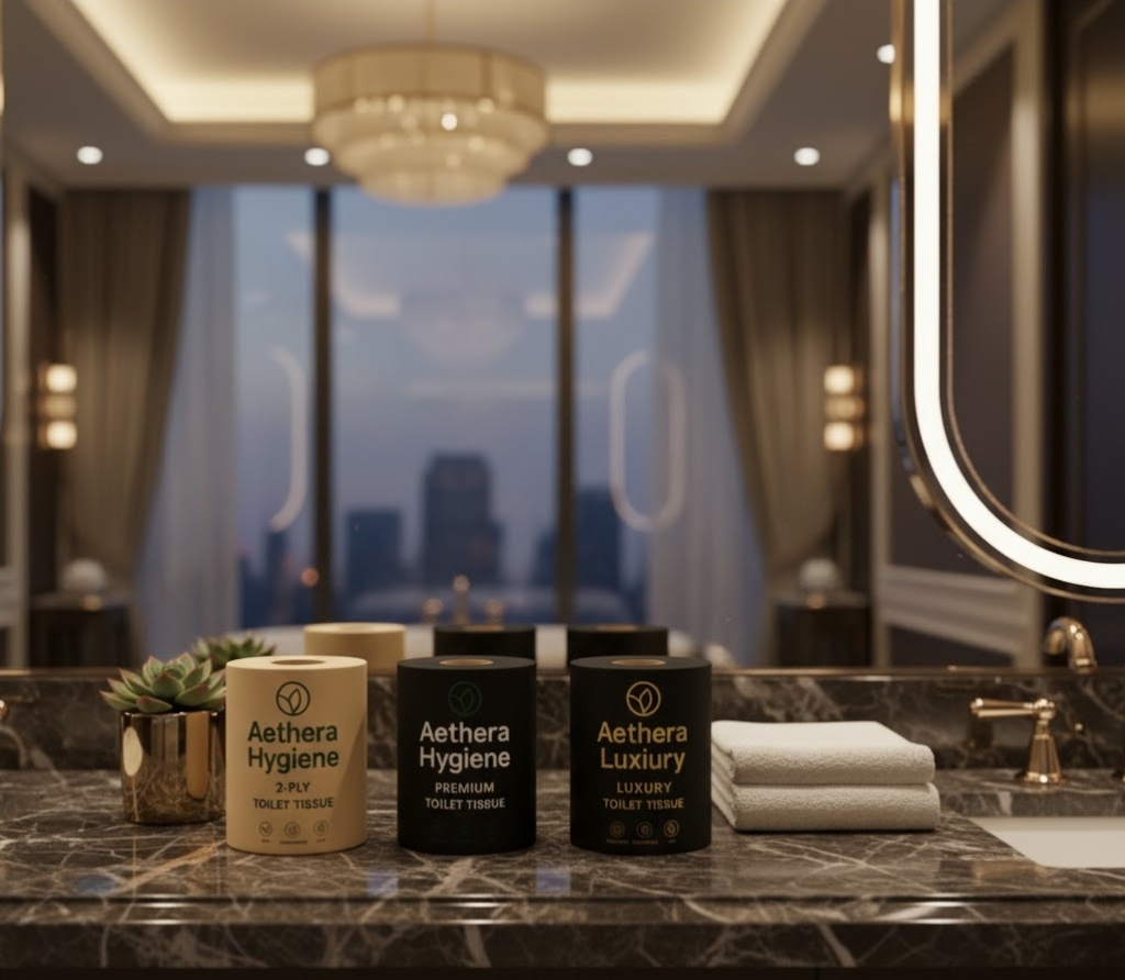 Luxurious hotel bathroom amenities neatly arranged by a window with city views.