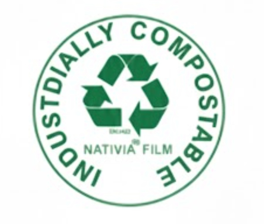 Green circular logo indicating industrial compostability with recycling arrows.