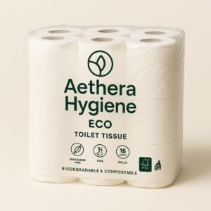 Eco-friendly Aethera Hygiene toilet tissue in a pack of six rolls.