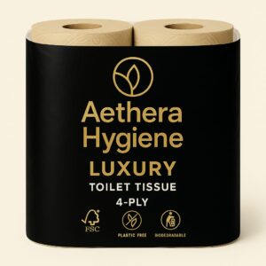 A package of Aethera Hygiene luxury 4-ply toilet tissue rolls.
